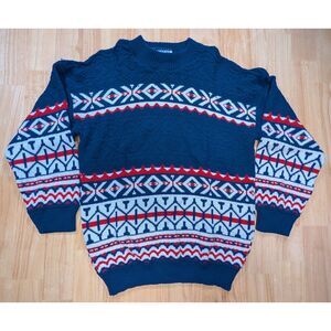 Vintage American Pride Sweater USA Made Blue Red Fair Isle Knit Men’s M